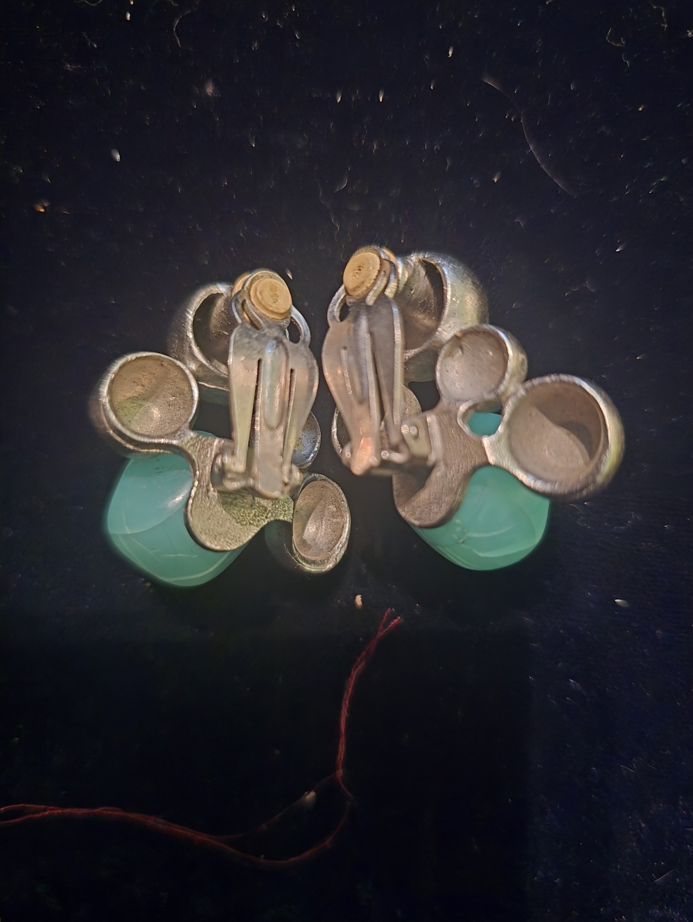 Unique Mid-Century Modernist Clip-On Earrings with Green Lucite Cabochons - Picture 2 of 5